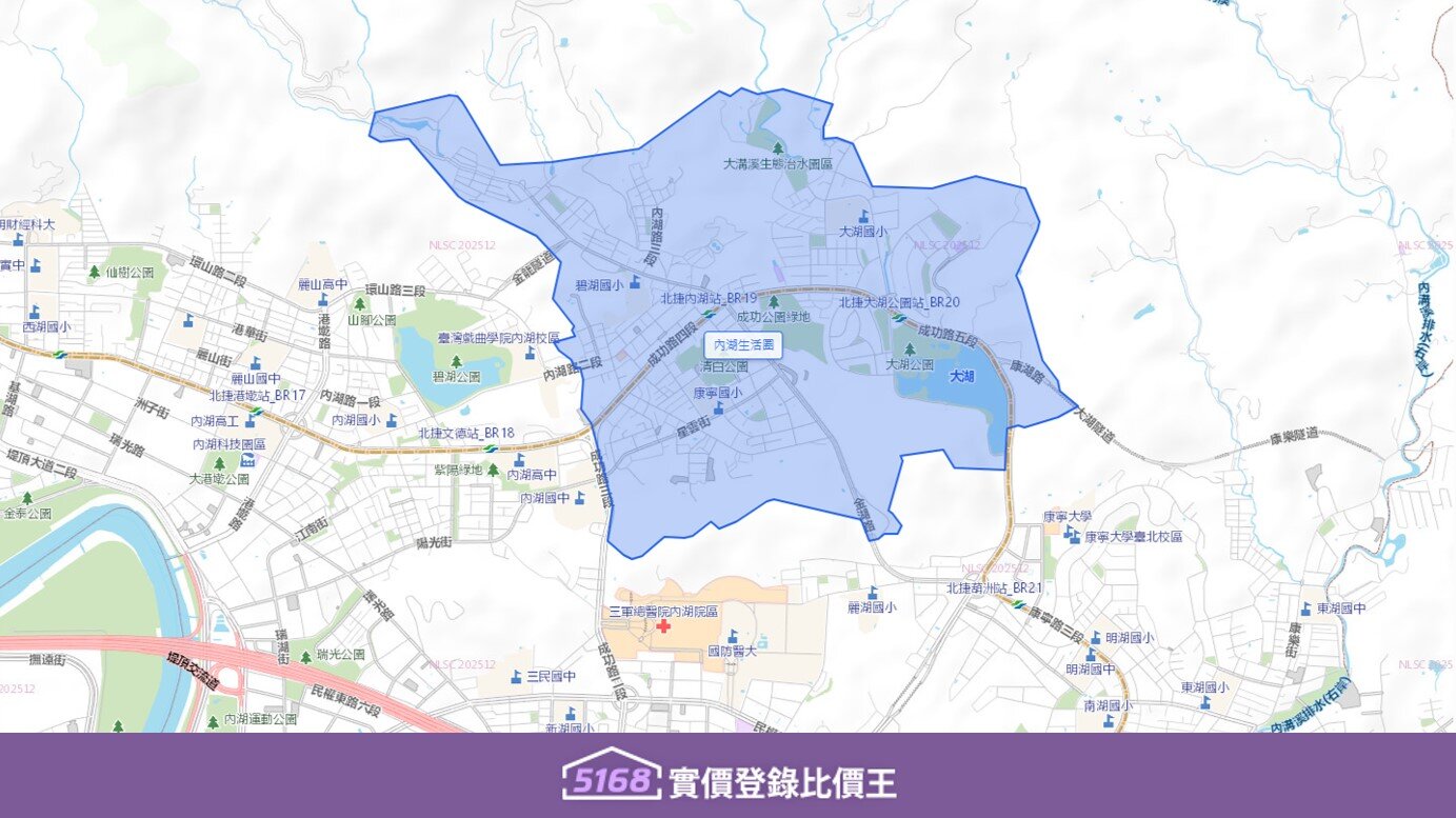 內湖生活圈範圍以北至金龍路、碧山巖山腳下，以南至成功路三段接內湖路二段（湖光市場）。。圖／5168實價登錄比價王