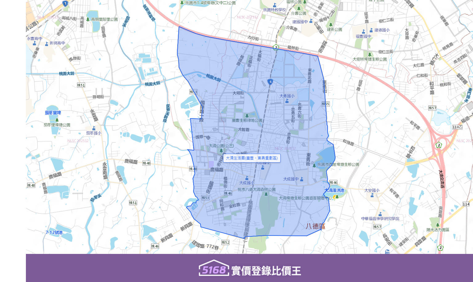 大湳生活圈橫跨桃園市桃園區及八德區，以介壽路一段、廣福路為主要幹道，北側銜接桃園市區，南側延伸至八德擴大重劃區。由於緊鄰國道2號南桃園交流道，成為八德地區進入國道的主要門戶，也吸引了桃園區東側的居住需求。製圖／5168實價登錄比價王