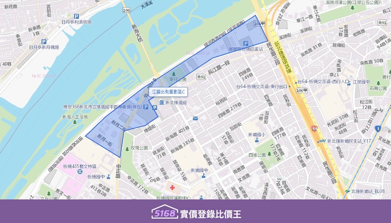 東側以大漢橋為界與 AB 區相隔,西側大致以板橋國中東側校地為界。圖/5168實價登錄比價王