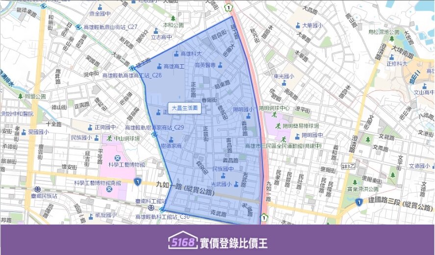 大昌生活圈範圍主要以大昌二路為中軸,北接建工路,南至九如一路。圖/5168實價登錄比價王