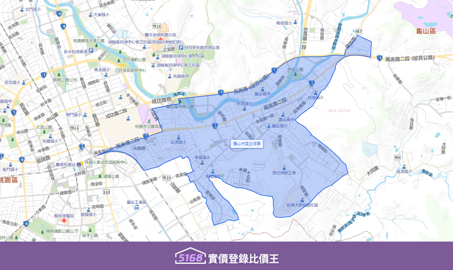 龜山市區生活圈位於桃園市龜山區的南側，屬於發展成熟的舊市區，生活圈的核心依賴貫穿其中的萬壽路為主。製圖／5168實價登錄比價王