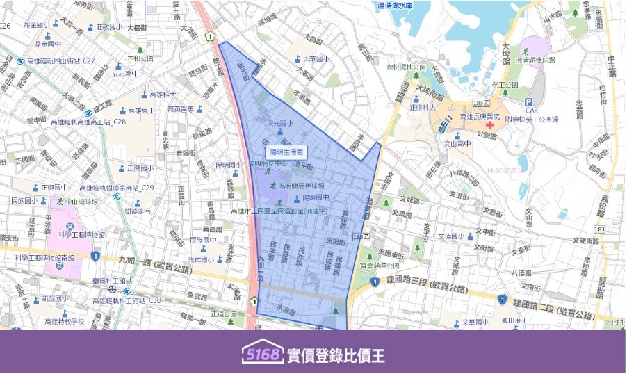 陽明生活圈以陽明國中為核心,涵蓋陽明路、義華路、澄和路、覺民路等主要幹道。圖/5168實價登錄比價王