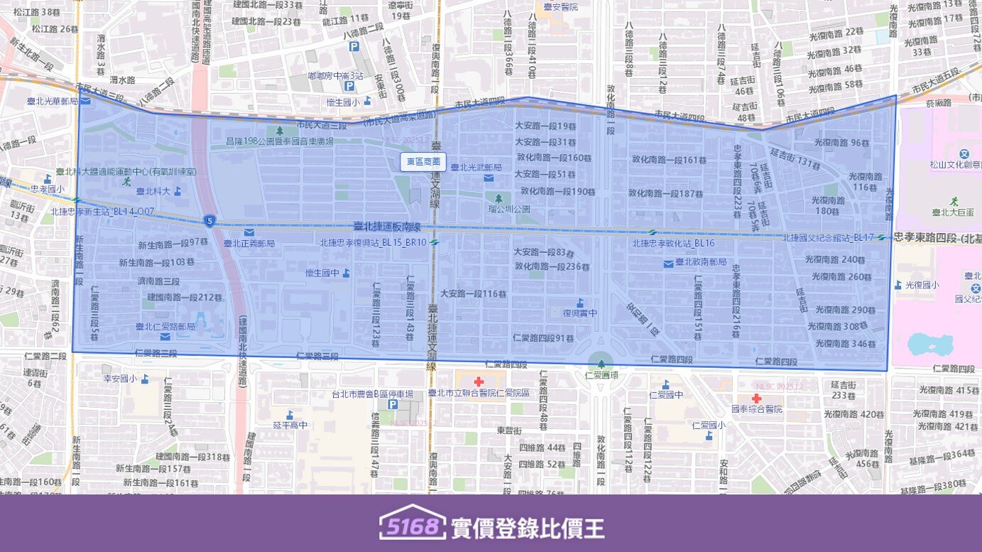 台北東區商圈範圍以北接壤市民大道四段,以南鄰近復興南路一段。圖/5168實價登錄比價王