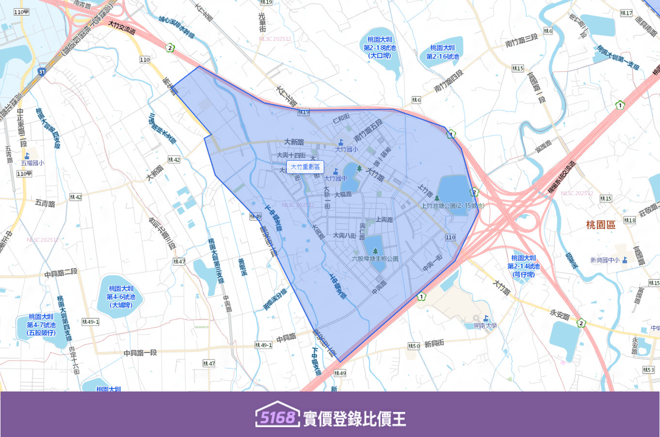 大竹重劃區的核心範圍大致圍繞大竹路、大新路周邊街廓，為南崁與青埔生活圈之間的住宅區。製圖／5168實價登錄比價王