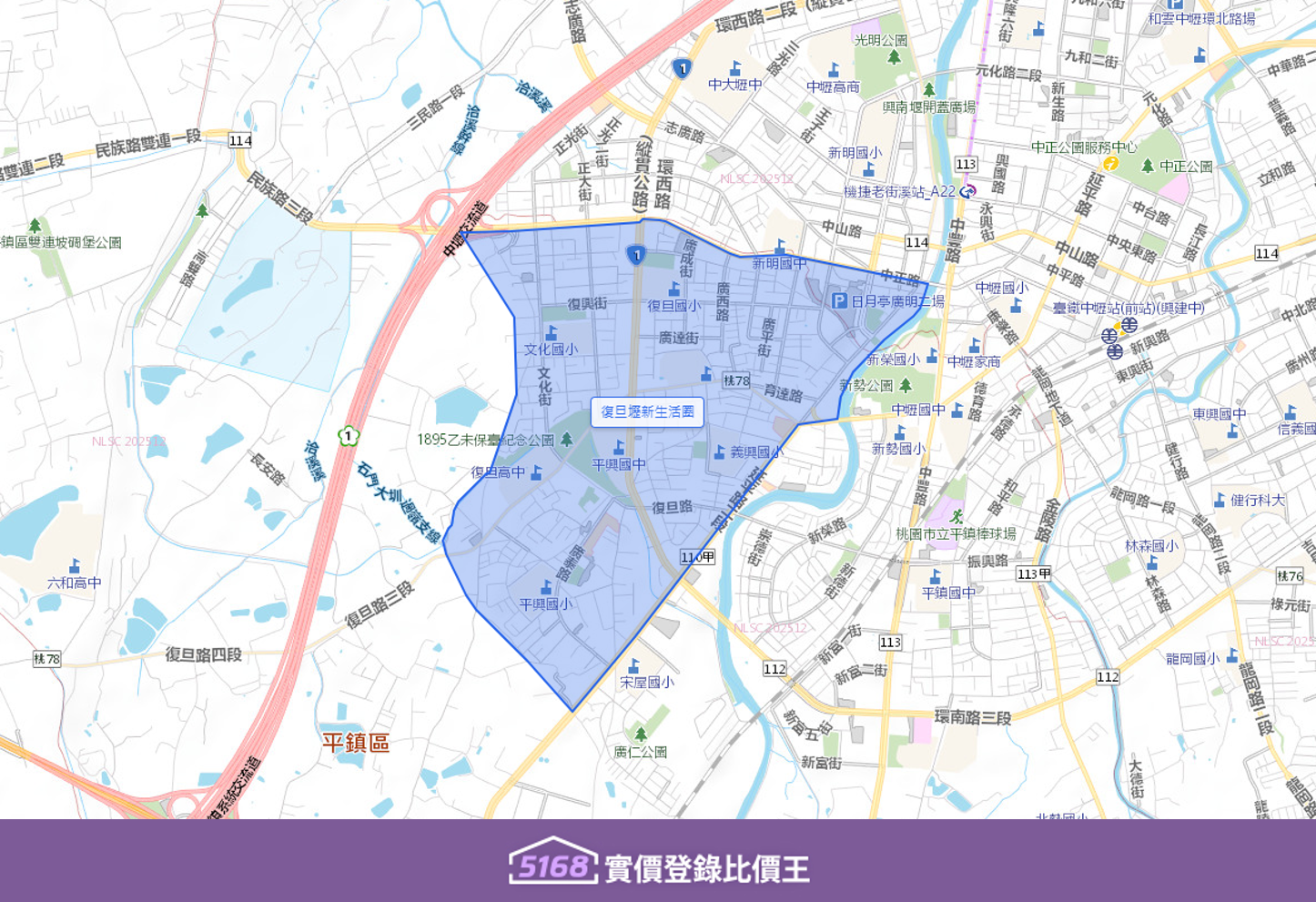 復旦壢新生活圈以私立復旦完全中學為核心，並擁有聯新醫院（壢新醫院），醫療資源完善。製圖／5168實價登錄比價王