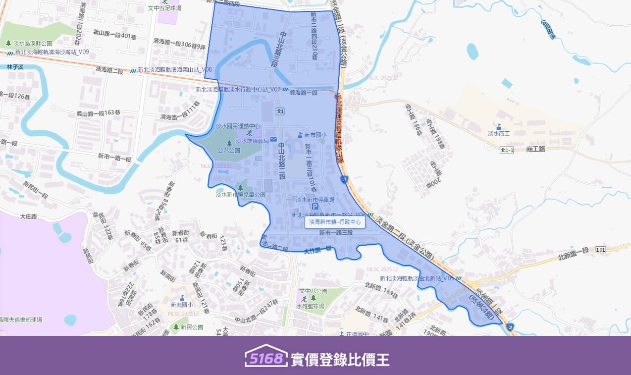 淡海新市鎮-行政中心範圍緊鄰淡水區行政中心(區公所)、淡水國民運動中心、家樂福淡新店。圖/5168實價登錄比價王