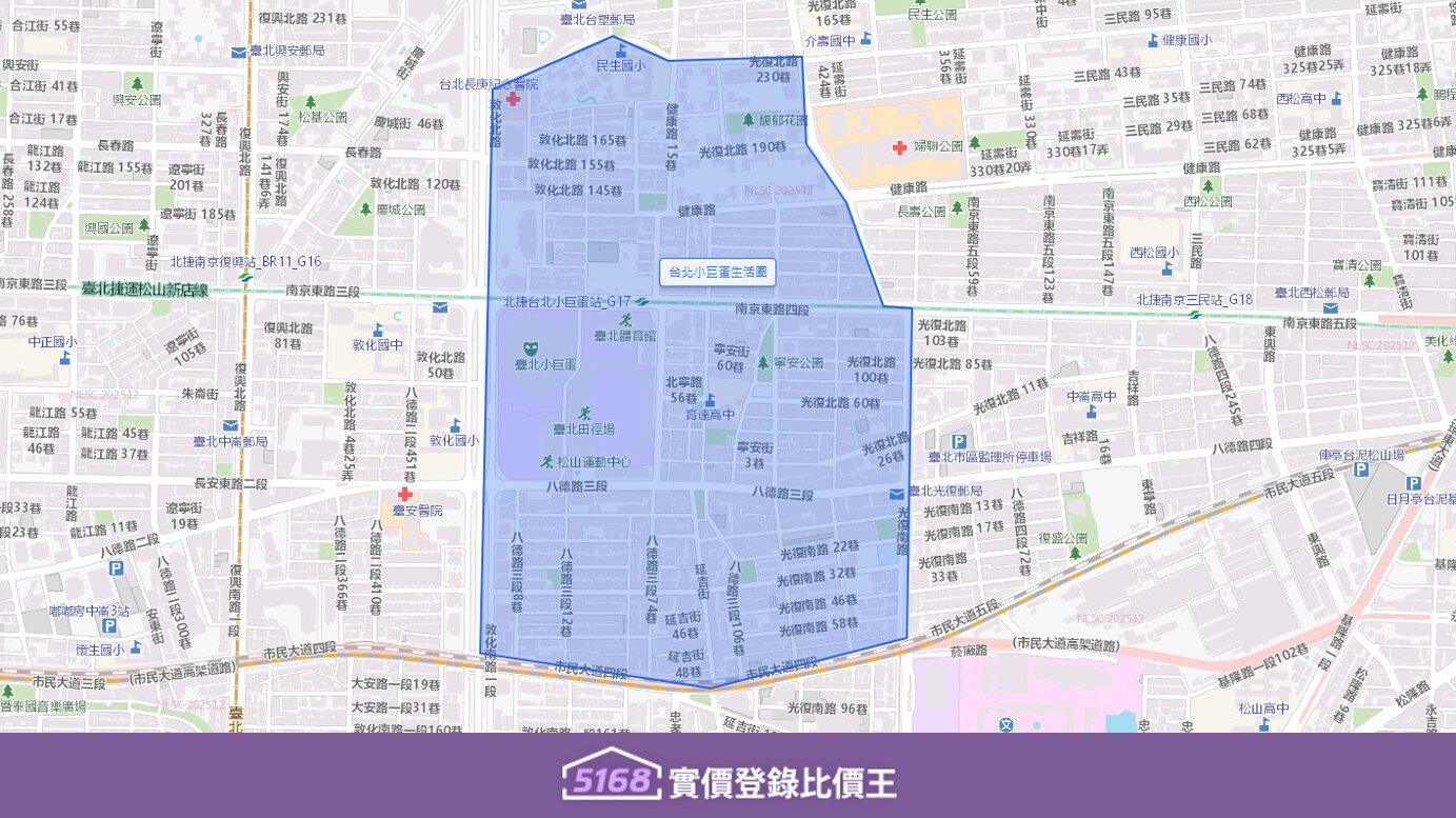 台北小巨蛋生活圈北以長春路、民生東路為界，以南近南京復興生活圈。圖／5168實價登錄比價王