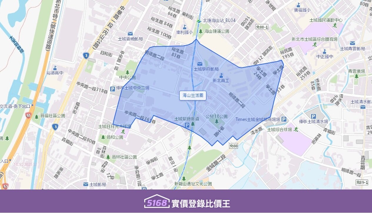 海山生活圈的範圍,大致上就是圍繞著捷運板南線的海山站向外延伸。圖/5168實價登錄比價王