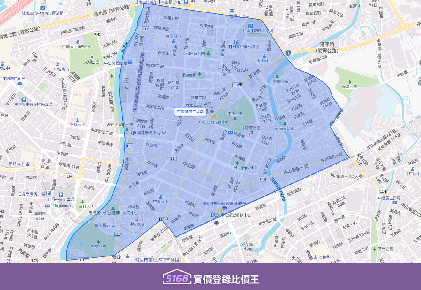 中壢站前生活圈是以台鐵中壢車站為核心向外延伸的區域，範圍涵蓋了中正路、元化路、復興路等主要的商業幹道。製圖／5168實價登錄比價王