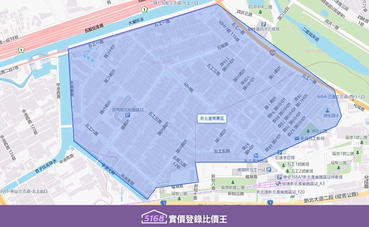 主要範圍以五權路、五工路、五權二路、新北大道四段/五段一帶為主。圖/5168實價登錄比價王