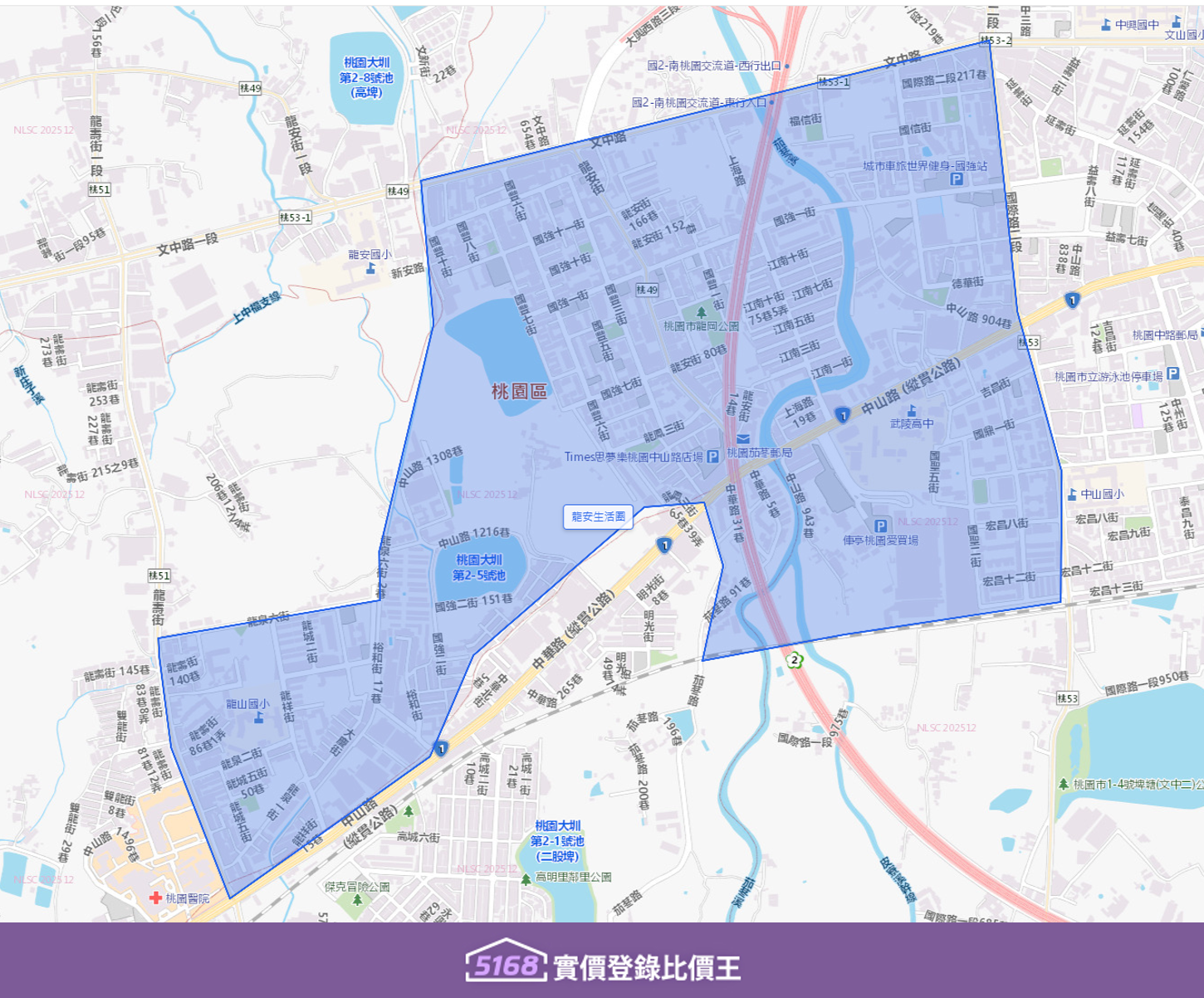 龍安生活圈的範圍界定，主要以龍安街為核心，涵蓋周邊國強街、國豐街、文中路等街廓。製圖／5168實價登錄比價王