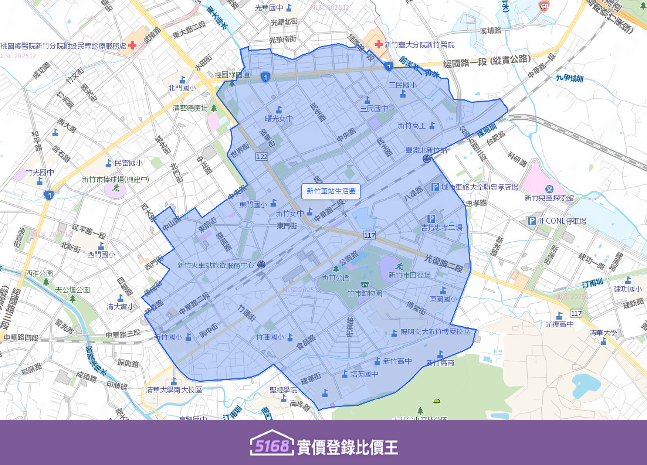 新竹車站生活圈大致以車站為圓心向外輻射，結合前站的巨城、大遠百，以及後站的大潤發、新竹動物園與十八尖山等景點。製圖／5168實價登錄比價王