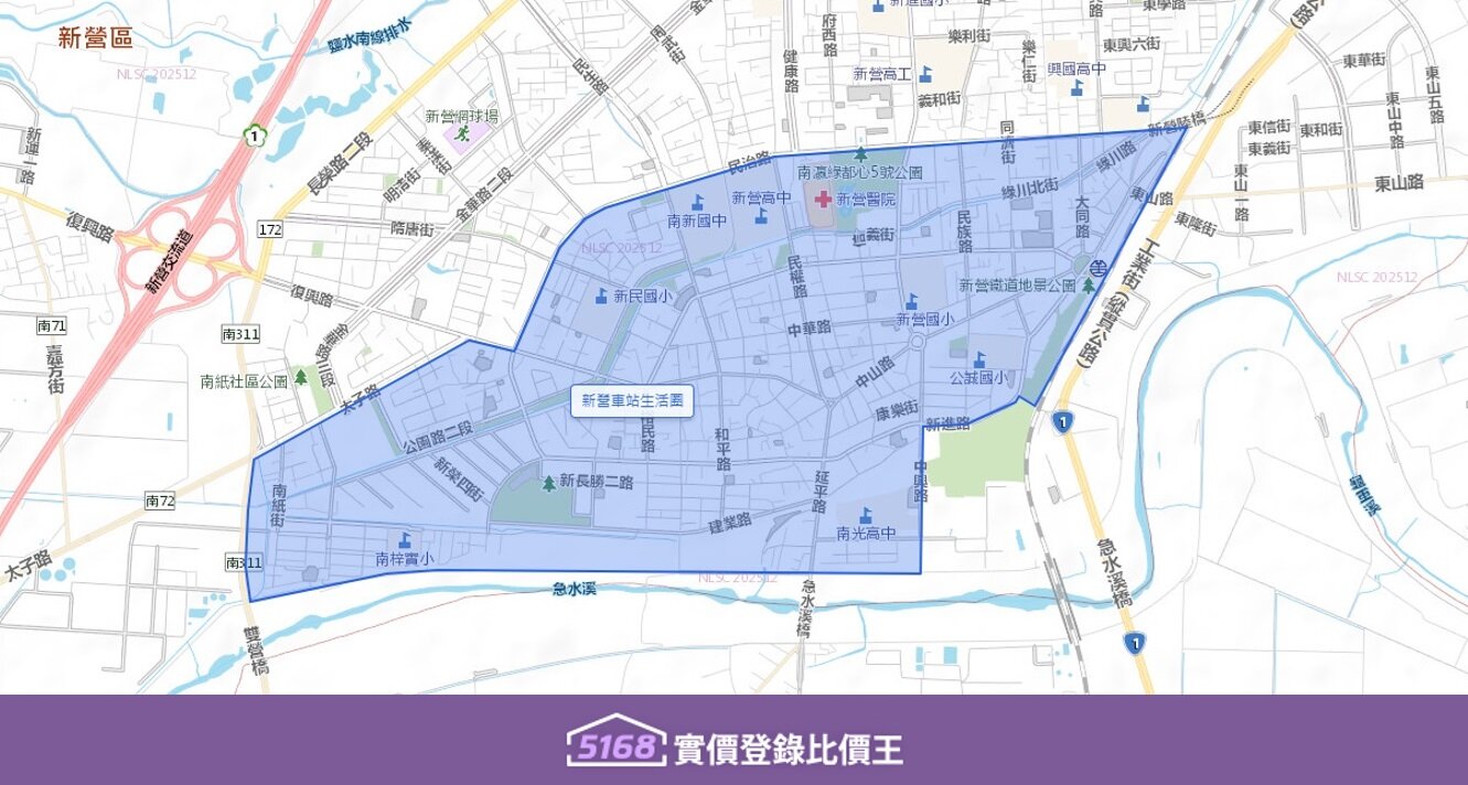 以新營火車站為起點,向外輻射。圖/5168實價登錄比價王