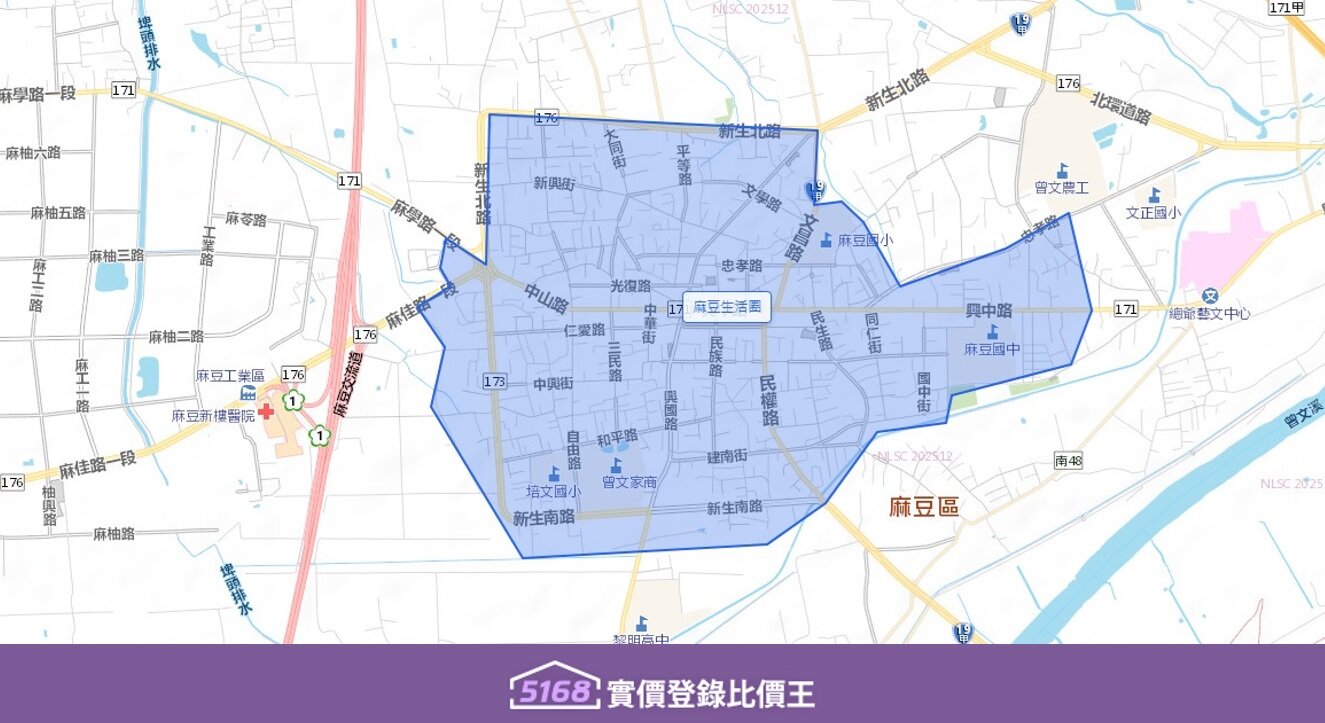 以中山路、中正路、興中路為十字軸心，往外延伸至麻豆工業區周邊。圖／5168實價登錄比價王資料照