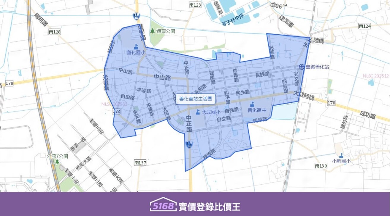 以善化火車站為起點，沿著中山路向東延伸至善化舊市區。圖／5168實價登錄比價王