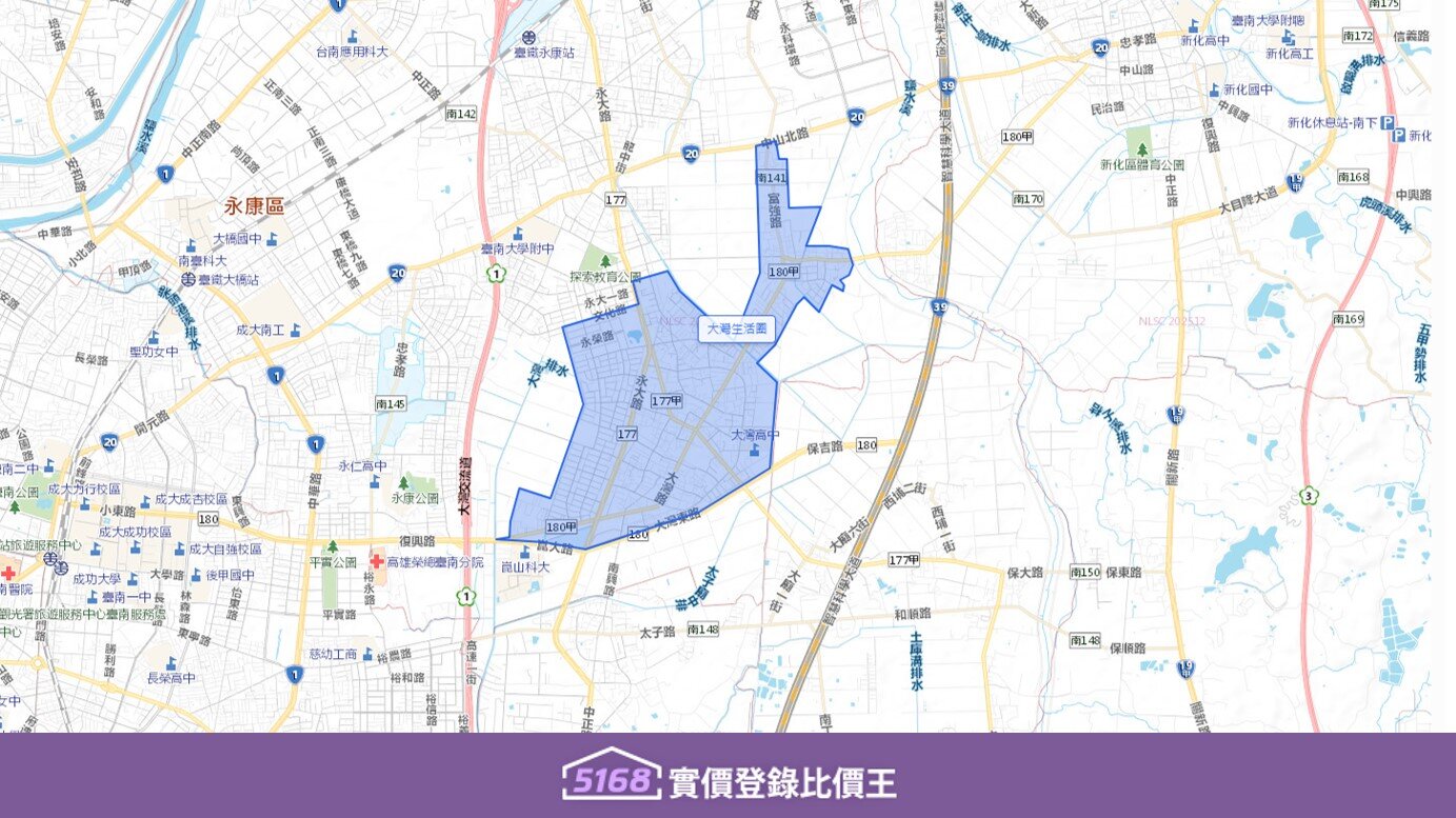 大灣生活圈以北近中山北路，以南至崑山科大周邊。圖／5168實價登錄比價王