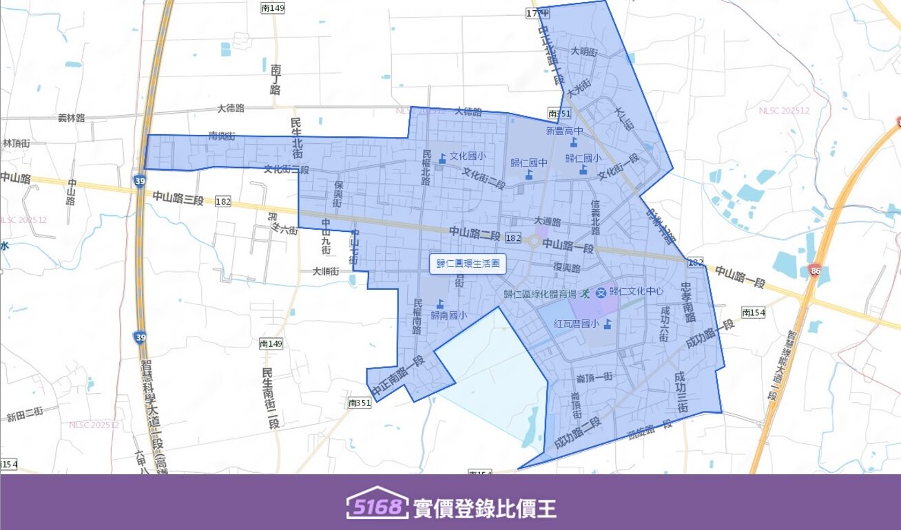 歸仁圓環生活圈北至文化街、南至民權南路、東至大通路、西至大順街。圖／5168實價登錄比價王
