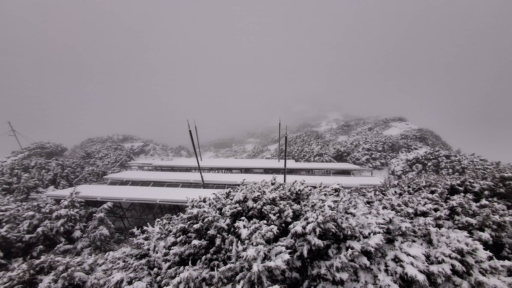 玉山積雪5公分，氣象署表示，有結冰與霧淞現象。圖／報天氣-中央氣象署FB