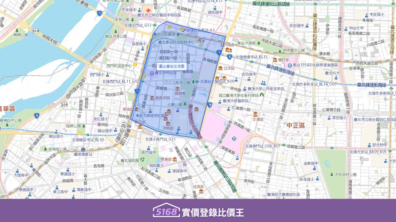 北至市民大道、華陰街商圈，南至忠孝西路南側、衡陽路一帶。圖／5168實價登錄比價王製作