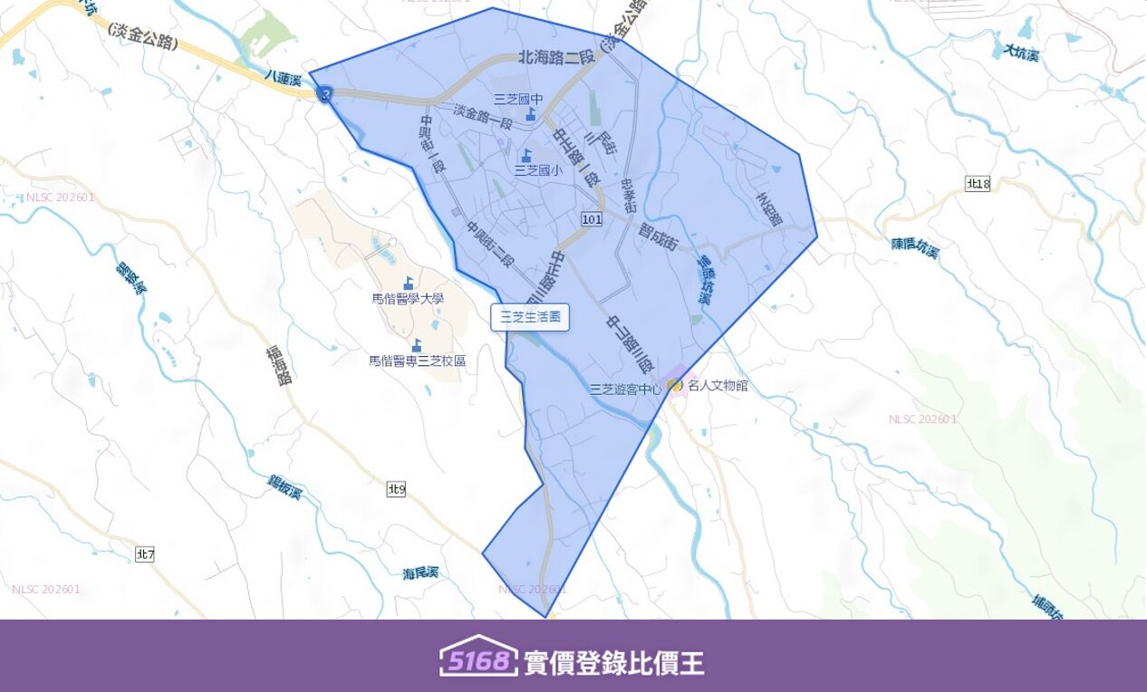 三芝生活圈主要圍繞著三芝市區（以中山路、中正路為核心）向外擴展。圖／5168實價登錄比價王