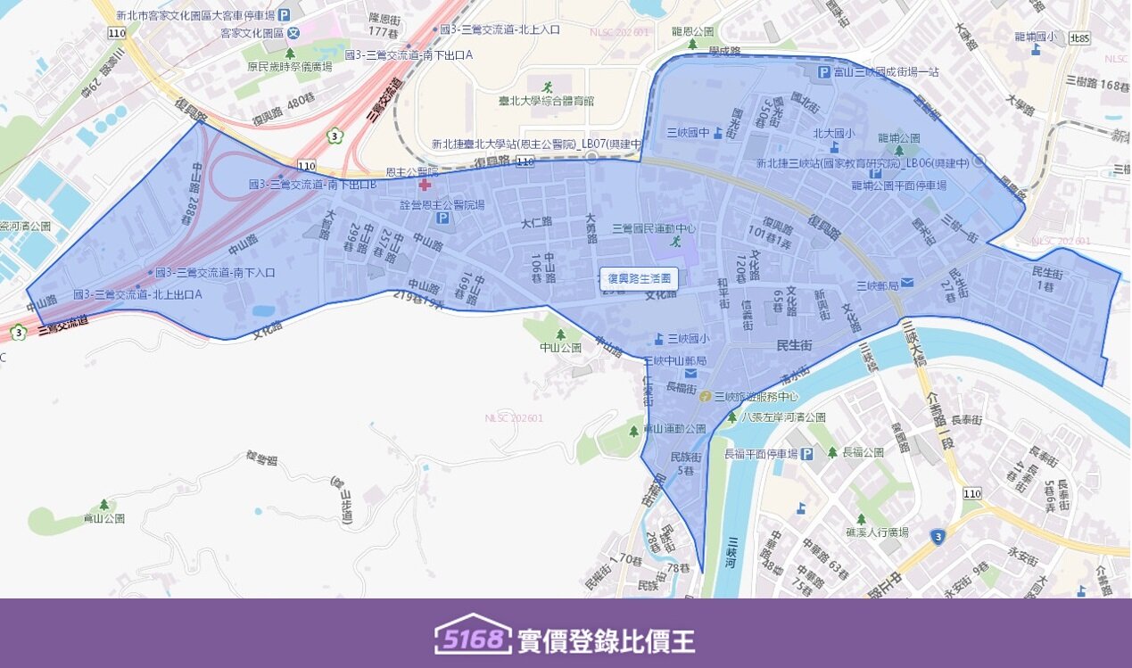 復興路生活圈以復興路為主幹道，向外延伸，巧妙地成為三峽傳統市區與北大特區的銜接點。圖／5168實價登錄比價王
