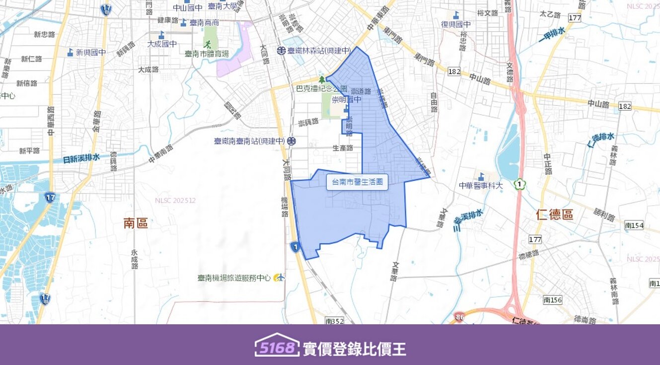台南市醫生活圈北起中華東路,南至生產路,東接仁德區界,西臨大同路。圖/5168實價登錄比價王