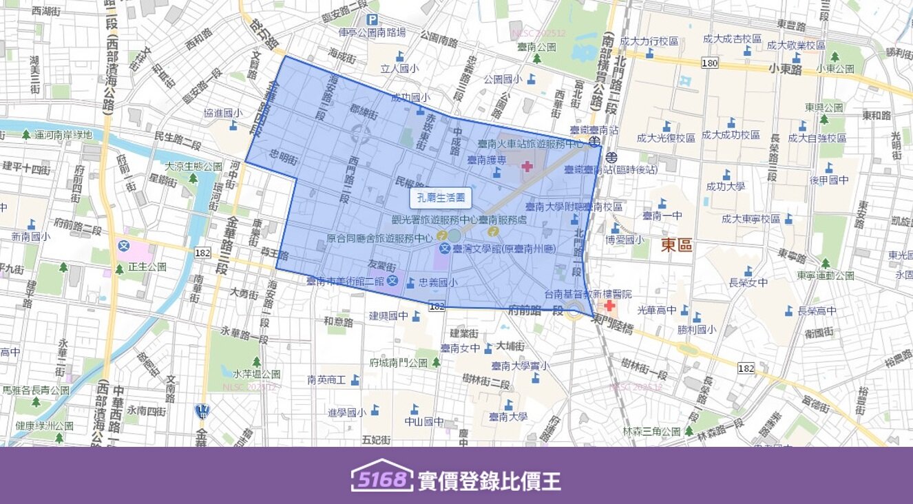 孔廟生活圈北從民生綠園圓環周邊至南側府前路一段銜接司法博物館。圖/5168實價登錄比價王