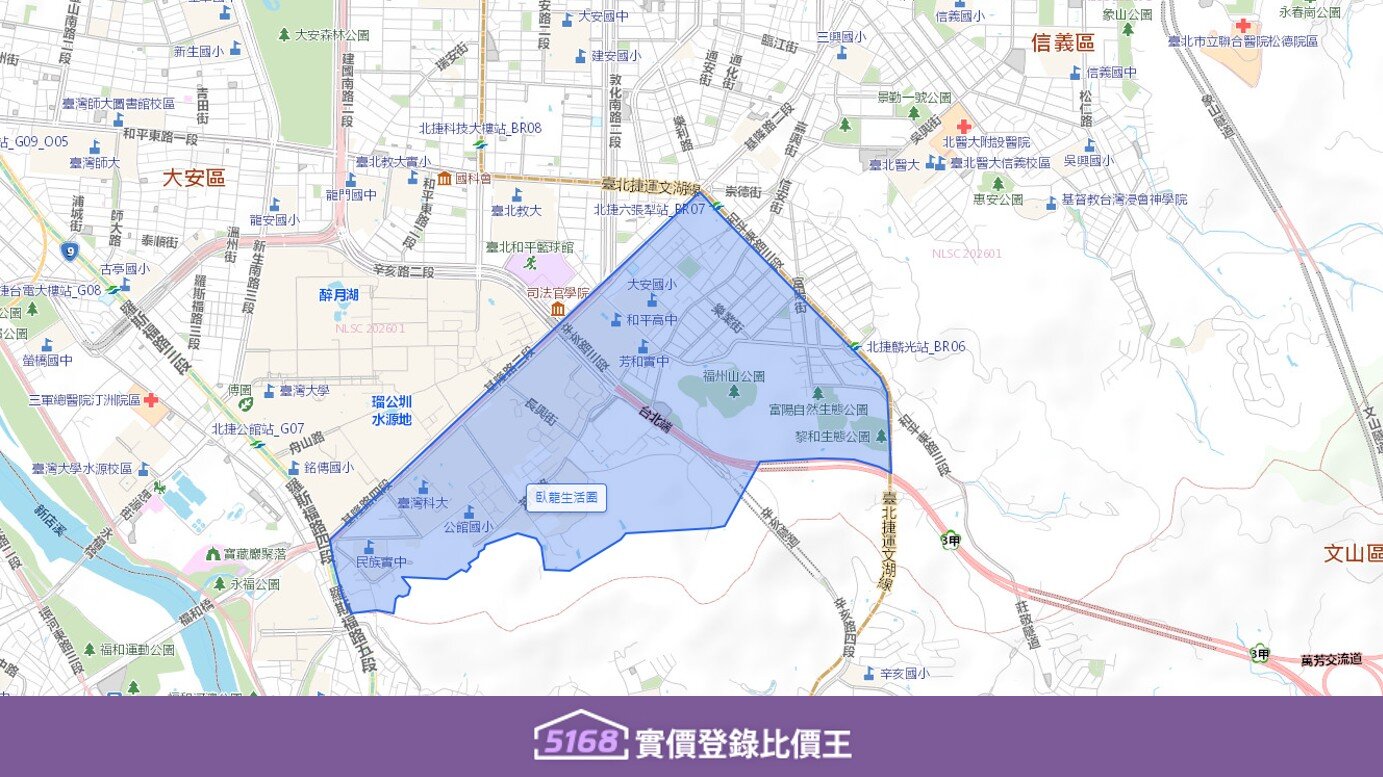 臥龍生活圈範圍北至敦化南路二段遠企商圈南側。南至臥龍街底、福州山公園一帶。圖/5168實價登錄比價王製作