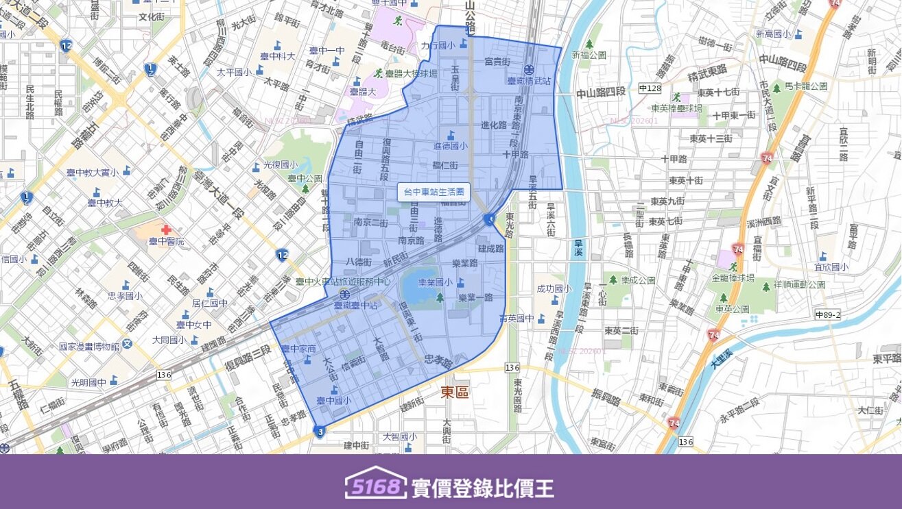 台中車站生活圈範圍以「新舊台中車站」為中心,往東區、中區擴散。圖/5168實價登錄比價王