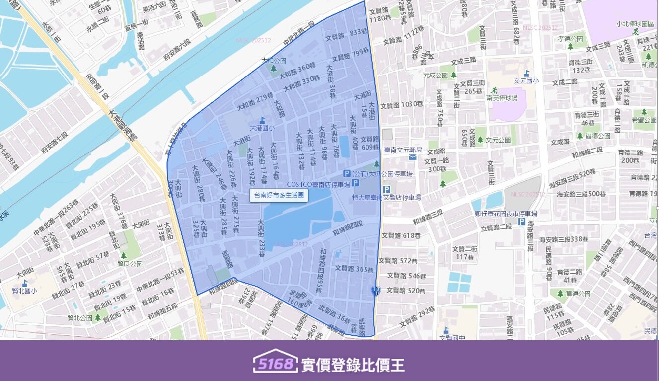 台南好市多生活圈北至中華北路，南接和緯路與文賢路商圈，西鄰湖美社區，東側延伸至海安路三段。