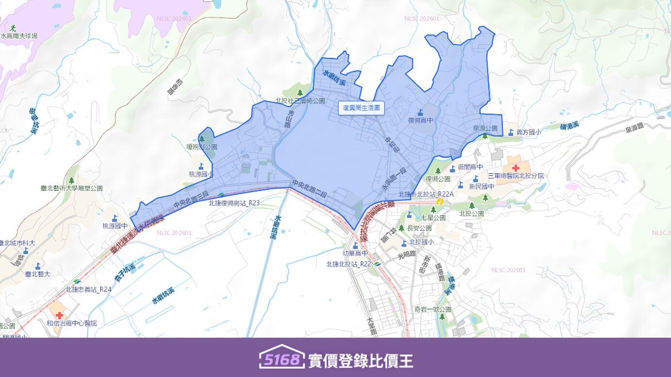 復興崗生活圈東與新北投生活圈相鄰,西側連接關渡生活圈。圖/5168實價登錄比價王製作