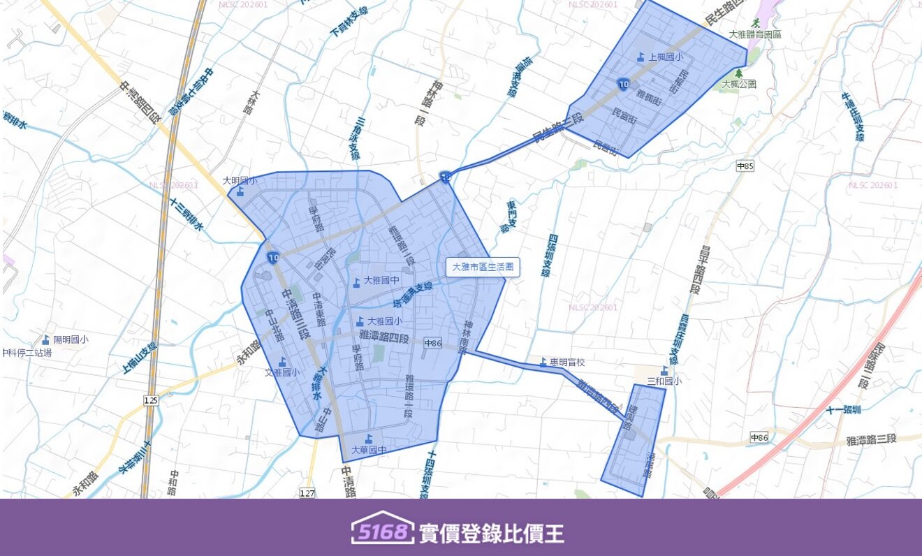 大雅市區生活圈以大雅路、民生路、學府路主要幹道交會的區域。圖／5168實價登錄比價王